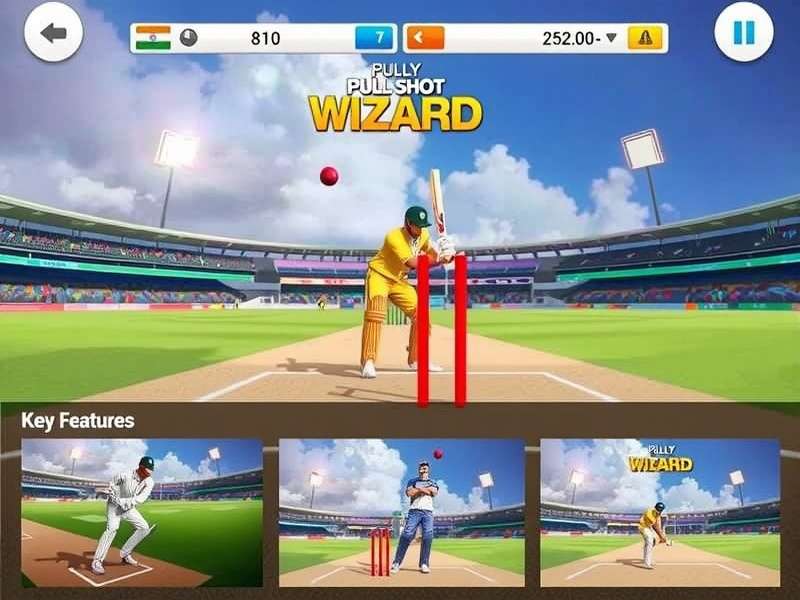 Pull Shot Wizard Key Features Showcase with Indian cricket elements and gameplay screenshots